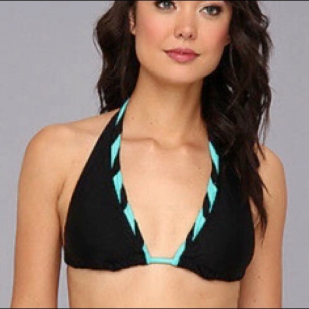 Eco Swim Twist Halter Black & Aqua Bikini Top, Size 12. Like New